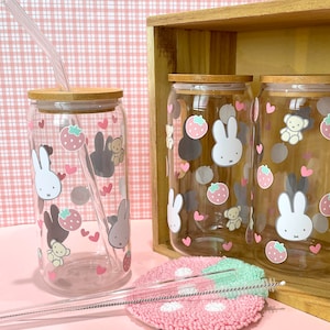 Cute Bunny Glass Cup - cute white rabbit, 16oz. Beer Can Glass w/bamboo lid and glass straw, bunnies, strawberries, teddy bears