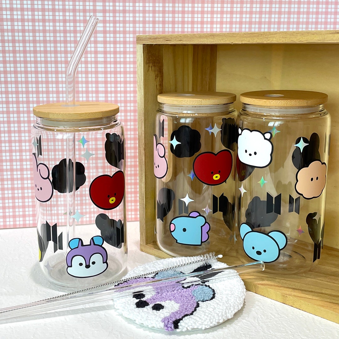 BT21 Glass Cup BTS, Kpop, 16oz. Beer Can Glass W/bamboo Lid and Straw ...