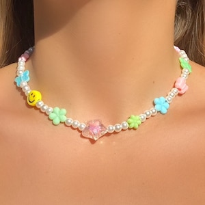 Mixed Pearl Beaded Necklace with Multicolor Pastel Beads, Y2k Jewelry, Summer Necklace, Trendy Necklace, Smiley Face Charm Beaded Choker