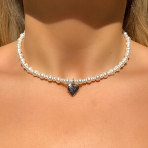 Heart Locket Pearl Necklace, Glass Pearl Beaded Necklace, Silver Heart Charm Pendant, Beaded Choker Necklace, Layering Necklace
