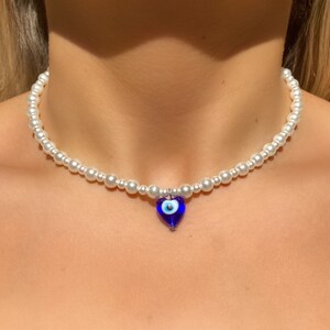 Evil Eye Pearl Necklace, Glass Pearl Beaded Necklace, Glass Heart Nazar Pendant with Nazar, Beaded Choker Necklace, Protection Necklace