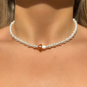 Brown Mushroom Pearl Necklace, Glass Pearl Beaded Necklace, Lampwork Glass Brown and White Mushy Charm, Beaded Choker Necklace