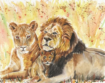 Lions, Lion Pride, Lion family A5, A4 Print, framed, unframed, original