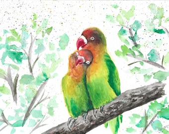 Love birds (Green and yellow 2 ) A5, A4 Print, A5 Original