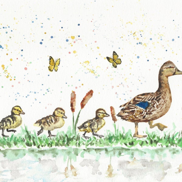 Mummy duck and ducklings A5, A4 Print, framed, unframed, Original