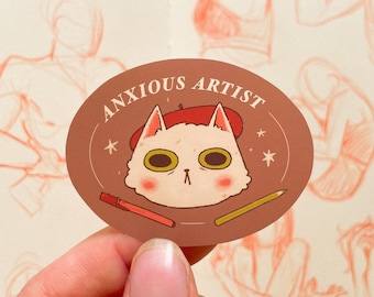 Anxious Artist Cat Sticker | Handmade Matte Vinyl Sticker