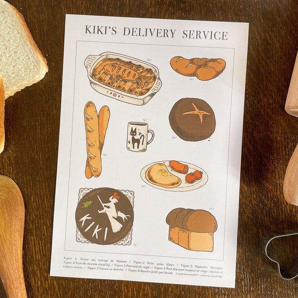 Servicio de entrega de Foodology Kiki - Kiki la petite sorcière - cartel, ilustración, impresión de arte / anime de comida, ghibli vintage