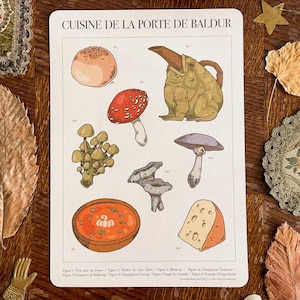 May include: An illustrated card titled "CUISINE DE LA PORTE DE BALDUR" depicting food and fungi. The image shows a bread roll, a red mushroom with white spots, a soup, and a cheese wedge. The card is surrounded by autumn leaves and decorative items, creating a seasonal theme.