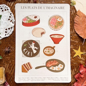 Puede incluir: Una impresión de estilo vintage titulada "Les Plats de l'Imaginaire" con ilustraciones de varios platos, incluyendo ramen, huevos con tocino y una ilustración redonda con el texto "KIKI". La impresión está sobre un fondo crema con una mesa de madera.