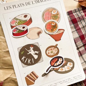 May include: A sheet of stickers featuring illustrated food items, including sushi, ramen, and fried eggs. The stickers have a vintage aesthetic, with a brown and beige color palette. The text "LES PLATS DE L'IMAGINAIRE" is at the top.