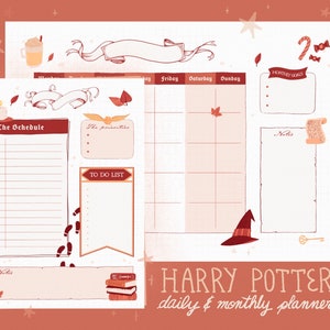 Peut inclure: Un planificateur quotidien et mensuel imprimable sur le thème d'Harry Potter avec des sections pour "The Schedule", "The Priorities", "To Do List", "Monthly Goals", et "Notes". Le planificateur présente des illustrations d'un chapeau de sorcier, d'une clé, d'une baguette magique, d'un parchemin, d'un livre et d'une tasse de café.