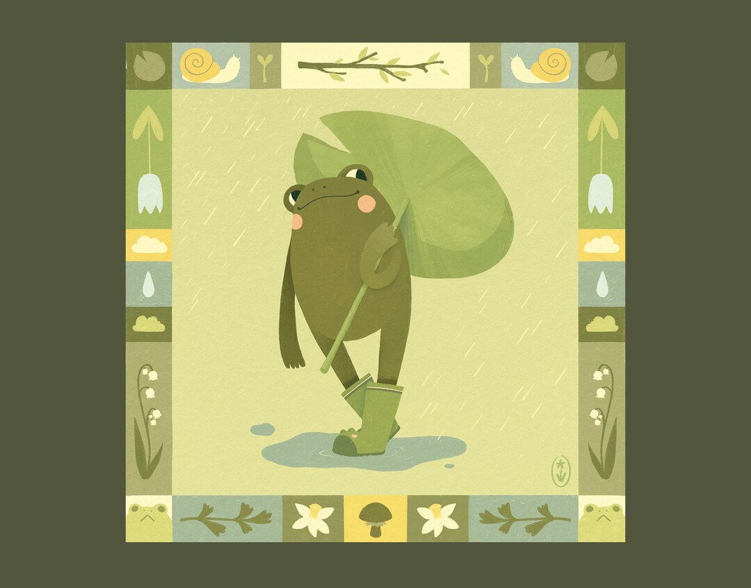 Frog Weather Illustration Art Print Poster Frog Spring Cute Aesthetic