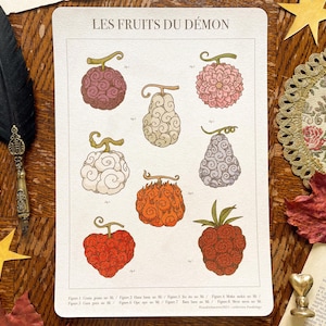 Puede incluir: Una impresión que presenta ilustraciones de varias frutas coloridas, cada una con una forma y textura únicas. El texto "LES FRUITS DU DÉMON" está en la parte superior. La impresión está sobre un fondo crema, con una pluma y otros elementos decorativos.