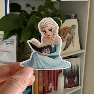 May include: A sticker featuring a cartoon illustration of a young woman with long blonde hair, wearing a blue dress and reading a book titled "Onyx Storm".