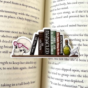 Op de afbeelding: Een sticker met een schedel met een roze hartvormige bril, en een boekenplank met titels als "All You Want" en "Manacled". Bevat ook een drankfles en een origami kraanvogel.
