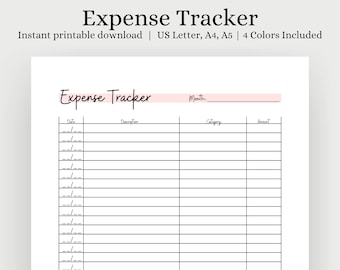 May include: A printable expense tracker with the title "Expense Tracker" in a handwritten font. The document includes fields for date, description, category, and amount. The top of the page has a pink banner with the word "Month".