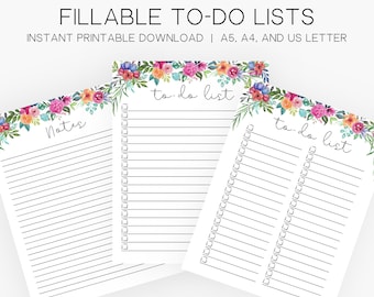 To Do List Fillable Printable | Notes PDF | Flower list Editable | To-do list printout | Cute flower printable | Plan your day printable