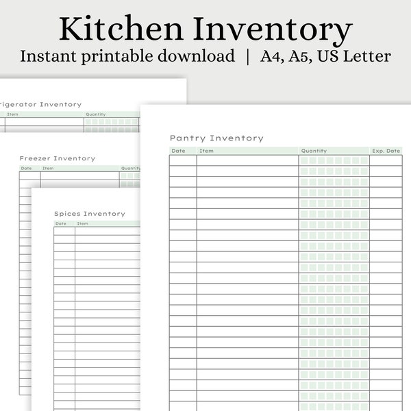 Kitchen Food Inventory Tracker | Fridge Inventory | Freezer Inventory | Pantry Inventory | Spices Inventory Printable PDF