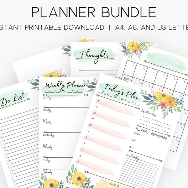 Watercolor Planner Bundle Printable | Daily Weekly Monthly Blank Planner | Digital Print Bullet Journal | Flower Paint Blank Planner