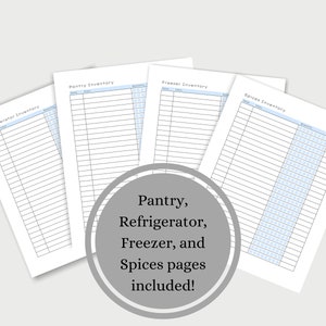 May include: Four printable inventory lists for pantry, refrigerator, freezer, and spices. Each list has columns for date, item, quantity, and use-by date.