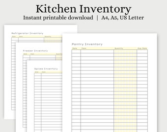 Kitchen Food Inventory Tracker | Fridge Inventory | Freezer Inventory | Pantry Inventory | Spices Inventory Printable PDF
