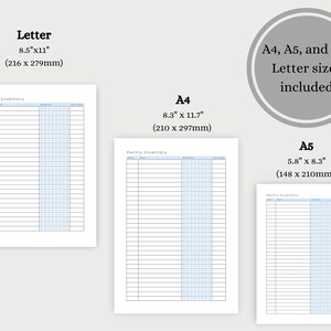 May include: Three printable pantry inventory lists in US Letter, A4, and A5 sizes. Each list has columns for item name, quantity, and use-by date.