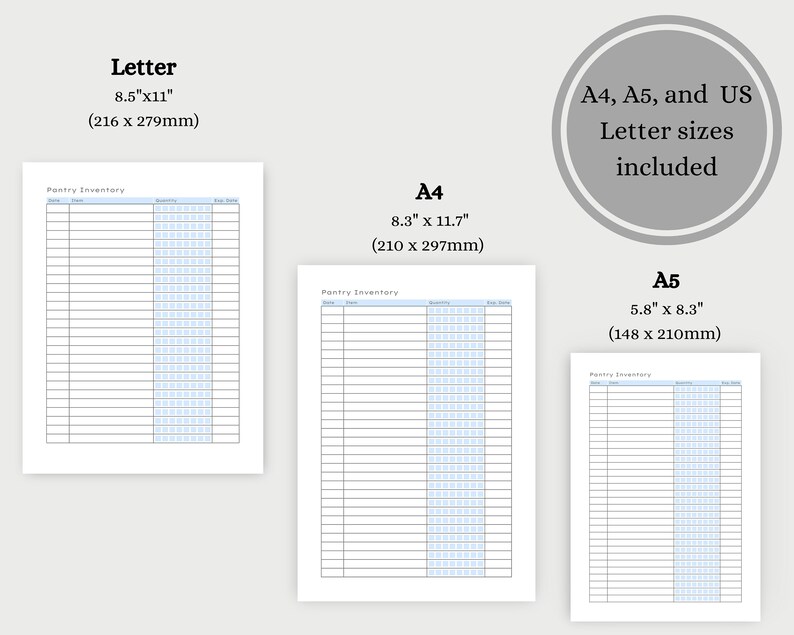 May include: Three printable pantry inventory lists in US Letter, A4, and A5 sizes. Each list has columns for item name, quantity, and use-by date.