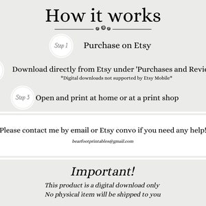 May include: A white background with black text explaining how to purchase and download a digital printable. The text includes the steps: Purchase on Etsy, Download directly from Etsy under 'Purchases and Reviews', and Open and print at home or at a print shop. The text also includes the note: *Digital downloads not supported by Etsy Mobile*. The text also includes the email address: bearfootprintables@gmail.com. The text also includes the statement: Important! This product is a digital download only. No physical item will be shipped to you.