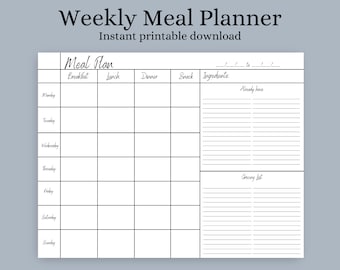 Meal Plan Printable | Weekly Menu Planner | Create Your Own Menu | Simple Weekly Grocery List | Minimalist Food Plan | PDF Meal Menu Plan
