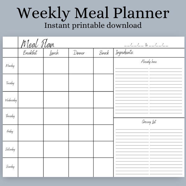 Meal Plan Printable | Weekly Menu Planner | Create Your Own Menu | Simple Weekly Grocery List | Minimalist Food Plan | PDF Meal Menu Plan