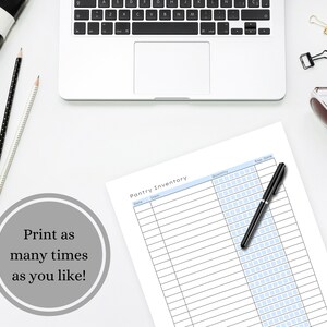 May include: Printable pantry inventory list with columns for date, item, quantity, and expiration date. The list is on a white background with a blue header.