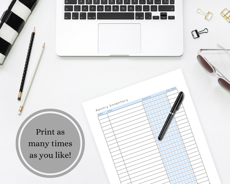 May include: Printable pantry inventory list with columns for date, item, quantity, and expiration date. The list is on a white background with a blue header.