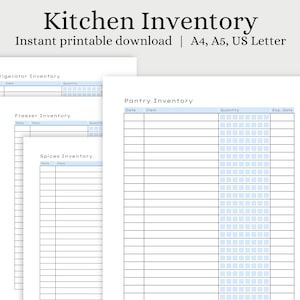 May include: Printable kitchen inventory checklist with sections for refrigerator, freezer, spices, and pantry. Each section has columns for date, item, quantity, and expiration date.
