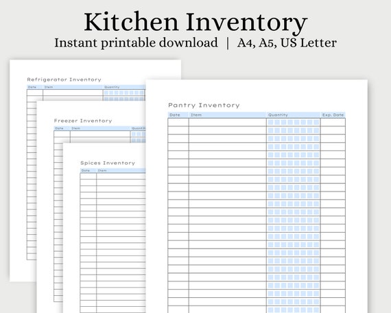 Kitchen Food Inventory Tracker | Fridge Inventory | Freezer Inventory | Pantry Inventory | Spices Inventory Printable PDF