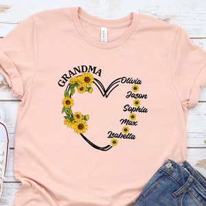 Personalized Grandma Shirt with Grandkids Name, Grandma Floral Tee, Grandma Heart Shirt, Sunflower Grandma Tee, Mothers Day Gift for Grandma