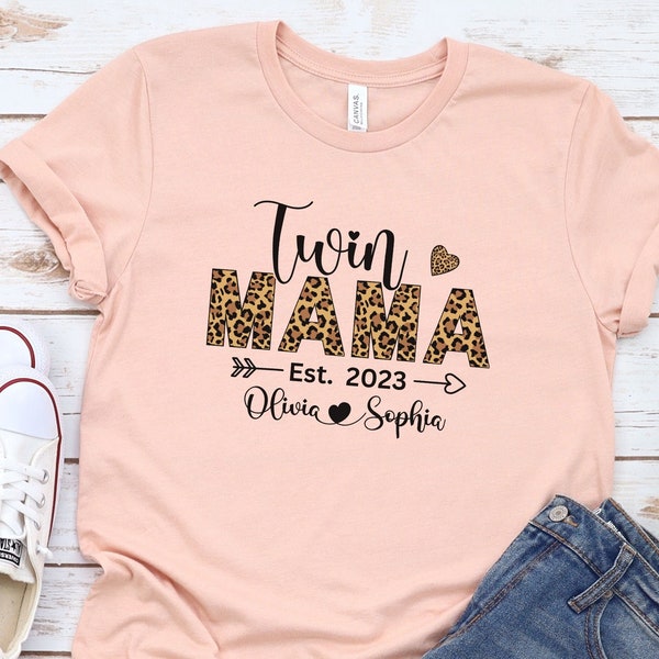 Personalized Leopard Twin Mama with kids names Shirt, Mothers Day Shirt, Gift For Mom of Twins, Mothers Day Gift, Cheetah print Twin Mom Est