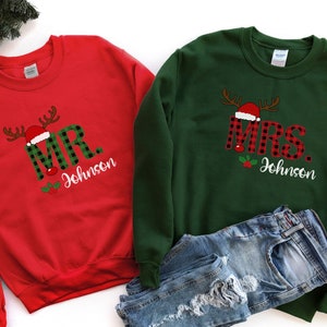 Personalized Mr and Mrs Reindeer Couple Matching Christmas Sweatshirt, Married Couple Sweater, Newlywed Couple Sweatshirt, Christmas Gift