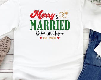 Personalized Merry and Married Shirt, Newly Married Couple Christmas Matching Long sleeve Shirt, First Christmas Gift for Married Couple