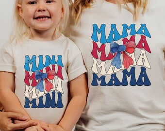 Mama Mini 4th of July Matching Shirt, Retro 4th of July Mommy and me outfit, Coquette Bow 4th of July Mommy and Baby Girl Matching Shirts