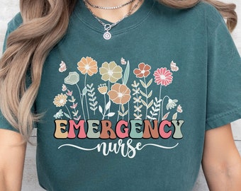 Comfort Colors® Floral Retro Emergency Nurse Shirt, ER Nurse Shirt, Emergency Nurse Gift, Nurse Appreciation, Registered Nurse Tee, Nursing