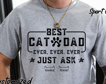 Camiseta "El mejor papá felino de la historia", camiseta personalizada con nombres de gato, camiseta para el Día del Padre, regalo para papá felino, regalo para el Día del Padre para dueños de gatos y amantes de los gatos.