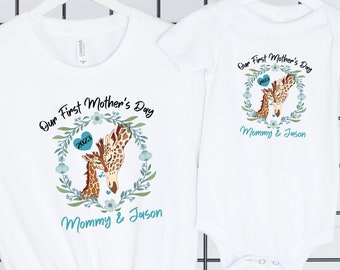 Personalized First Mothers Day Giraffe Matching Shirt, First Mothers Day Shirt, New Mom Mothers Day Gift, Mother And Baby 1st Mothers Day