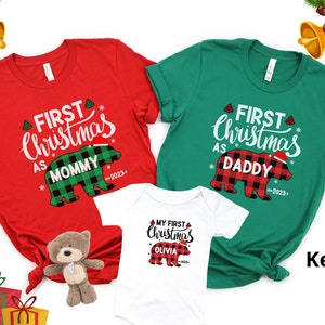 Personalized Bear First Christmas Family Shirts, Buffalo Plaid Bear Matching First Christmas Shirts, First Christmas as Dad Mom Baby Shirt