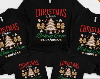 May include: Black Christmas-themed t-shirts with the text "Christmas Cookie Baking Crew" and personalized names. The design includes a Christmas tree, gingerbread men, and candy canes. A festive family holiday apparel.