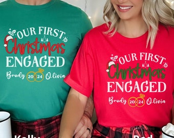 Personalized Our First Christmas Engaged Shirt, New Engaged Couple Shirt, Christmas Gift For Newly Engaged Couple, Couple Engagement Gift