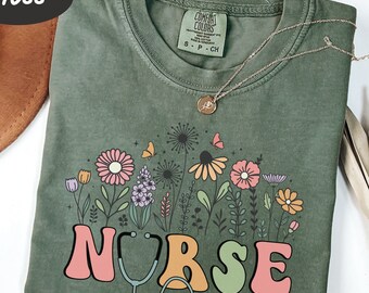 Comfort Colors® Personalized Nurse Shirt, Floral Nurse Tee, Gift For Nurse, New Nurse Gift, Nurse Appreciation Gift, Registered Nurse Shirt