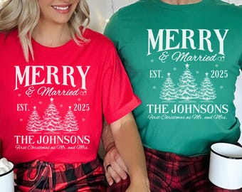 Personalized Merry and Married Shirt, Newly Married Couple Christmas Matching Long sleeve Shirt, First Christmas Gift for Married Couple
