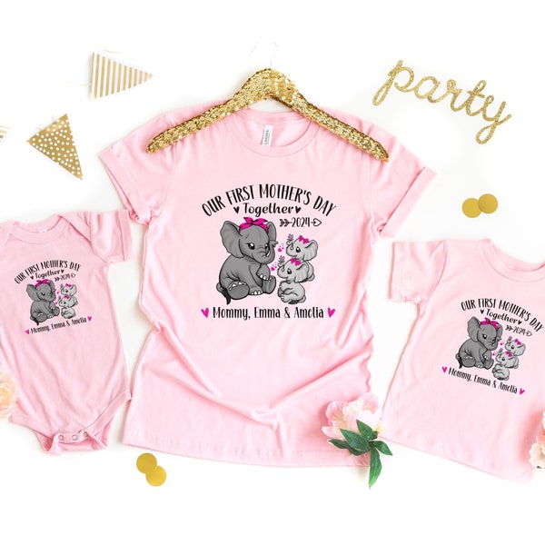 Personalized Our First Mothers Day Shirt, Twin Mommy and me Elephant Matching Shirt, Twin Mom Mothers Day Gift, Twin Baby 1st Mothers Day
