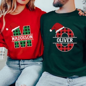 Custom Name Matching Family Christmas Sweatshirts, Personalized Christmas Sweatshirt, Buffalo Plaid Name Sweatshirt, Holiday Couple Sweaters