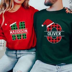 Custom Name Matching Family Christmas Sweatshirts, Personalized Christmas Sweatshirt, Buffalo Plaid Name Sweatshirt, Holiday Couple Sweaters